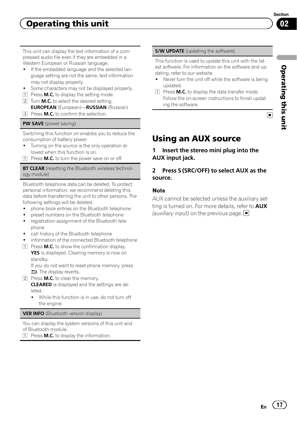 Using an aux source, Operating this unit | Pioneer DEH-7300BT User Manual | Page 17 / 28