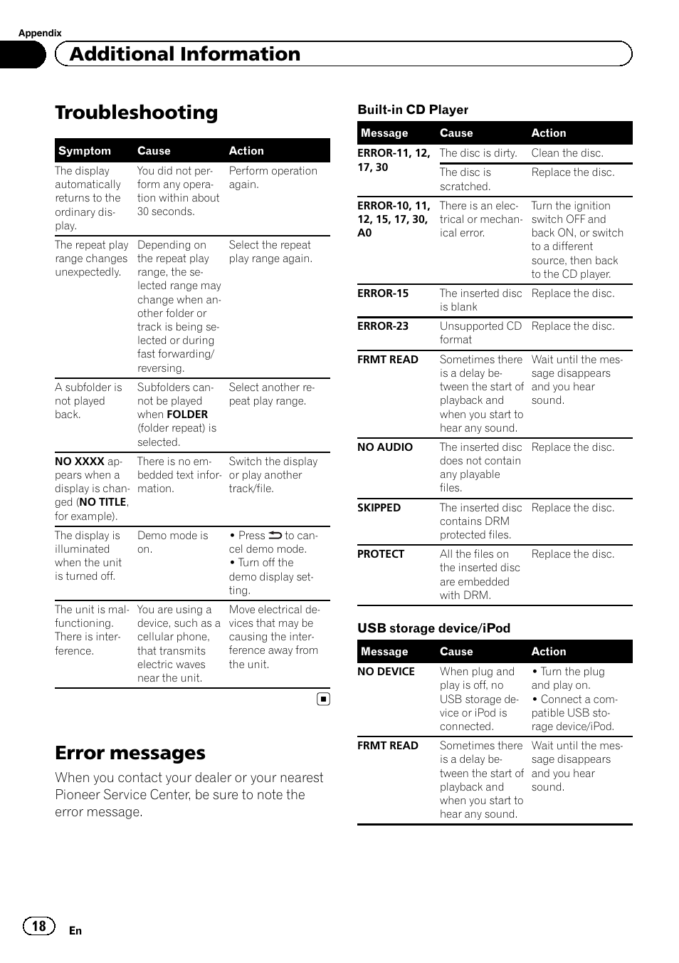 Troubleshooting, Error messages, Additional information | Pioneer DEH-7300BT User Manual | Page 18 / 28