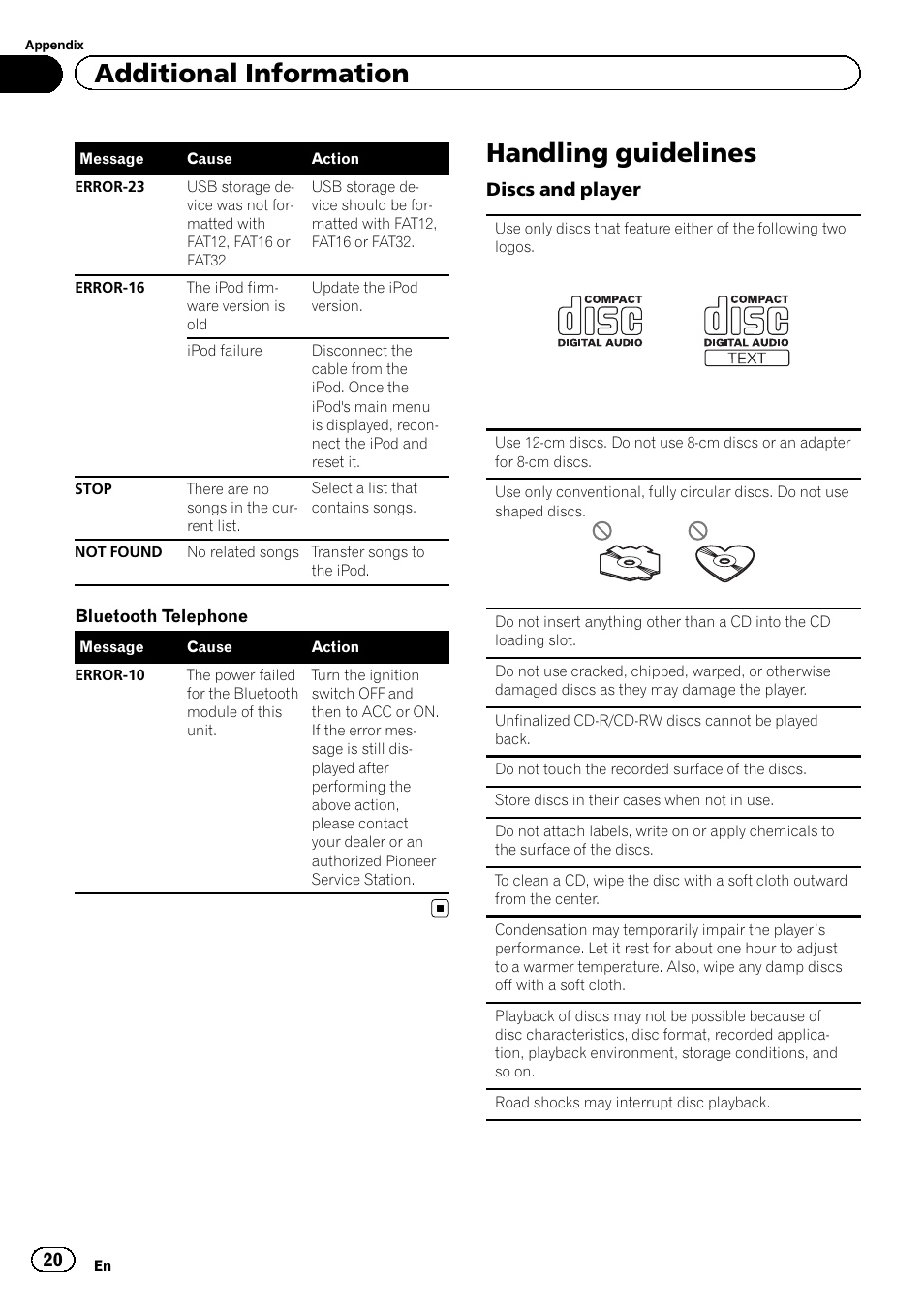 Handling guidelines, Additional information | Pioneer DEH-7300BT User Manual | Page 20 / 28