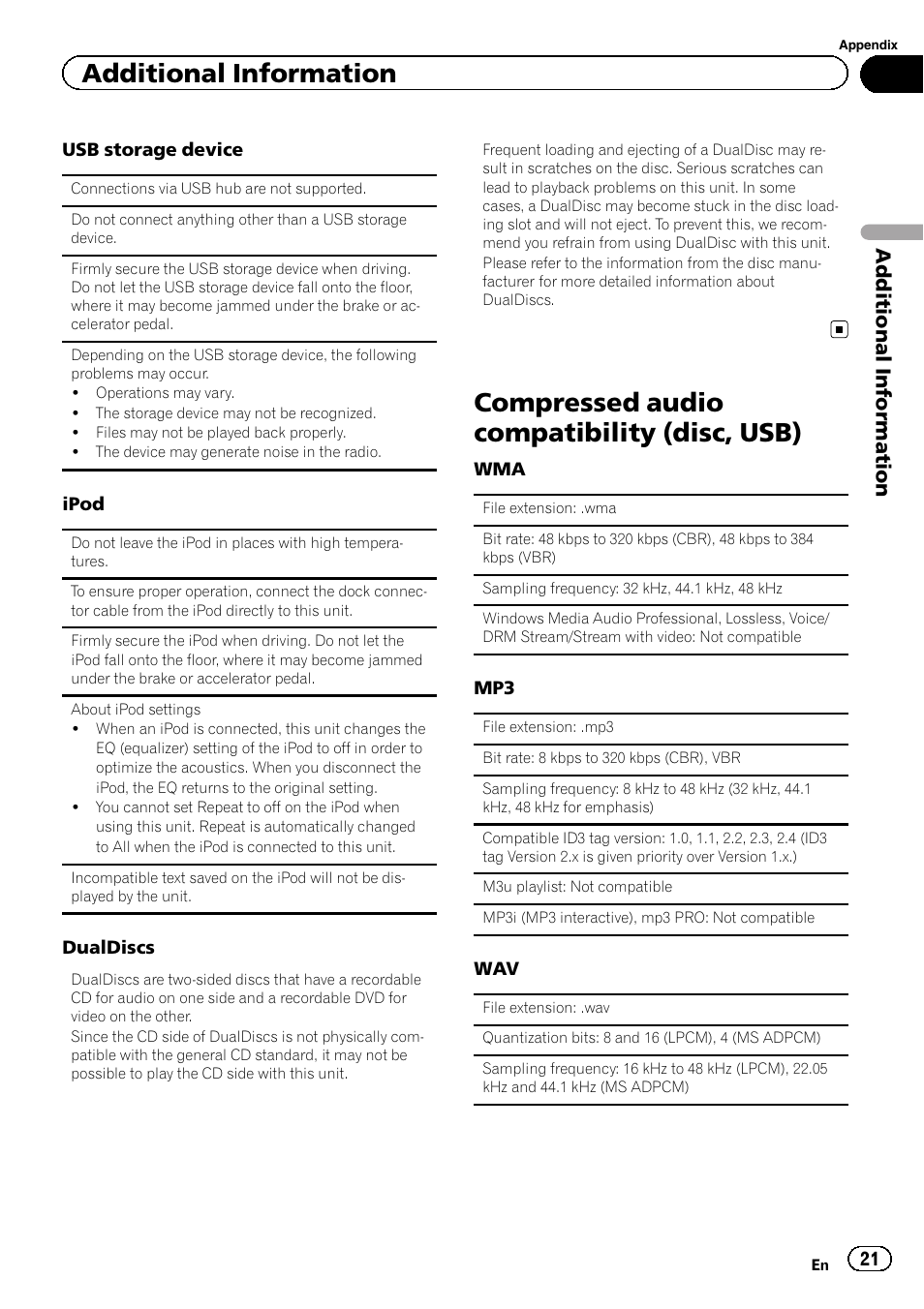 Compressed audio compatibility (disc, usb), Additional information | Pioneer DEH-7300BT User Manual | Page 21 / 28