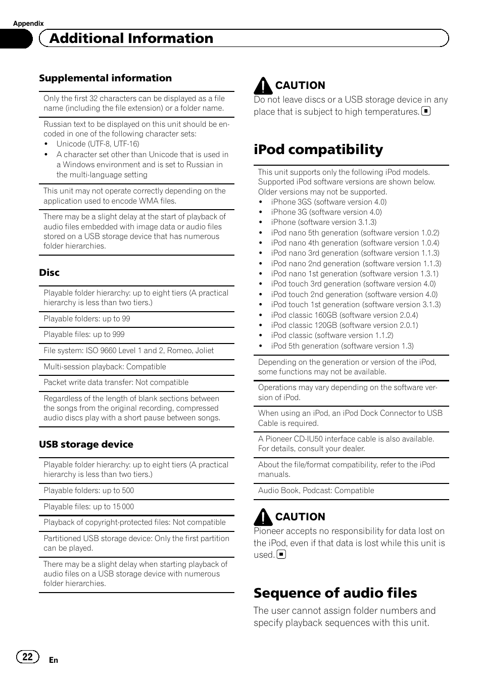 Ipod compatibility, Sequence of audio files, Additional information | Caution | Pioneer DEH-7300BT User Manual | Page 22 / 28