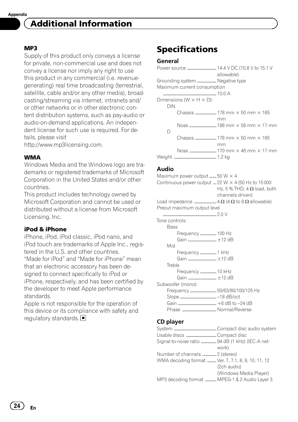 Specifications, Additional information | Pioneer DEH-7300BT User Manual | Page 24 / 28