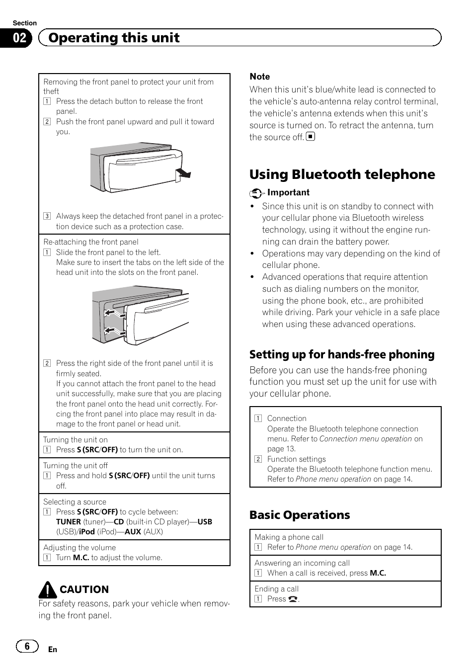 Using bluetooth telephone, 02 operating this unit, Setting up for hands-free phoning | Basic operations | Pioneer DEH-7300BT User Manual | Page 6 / 28