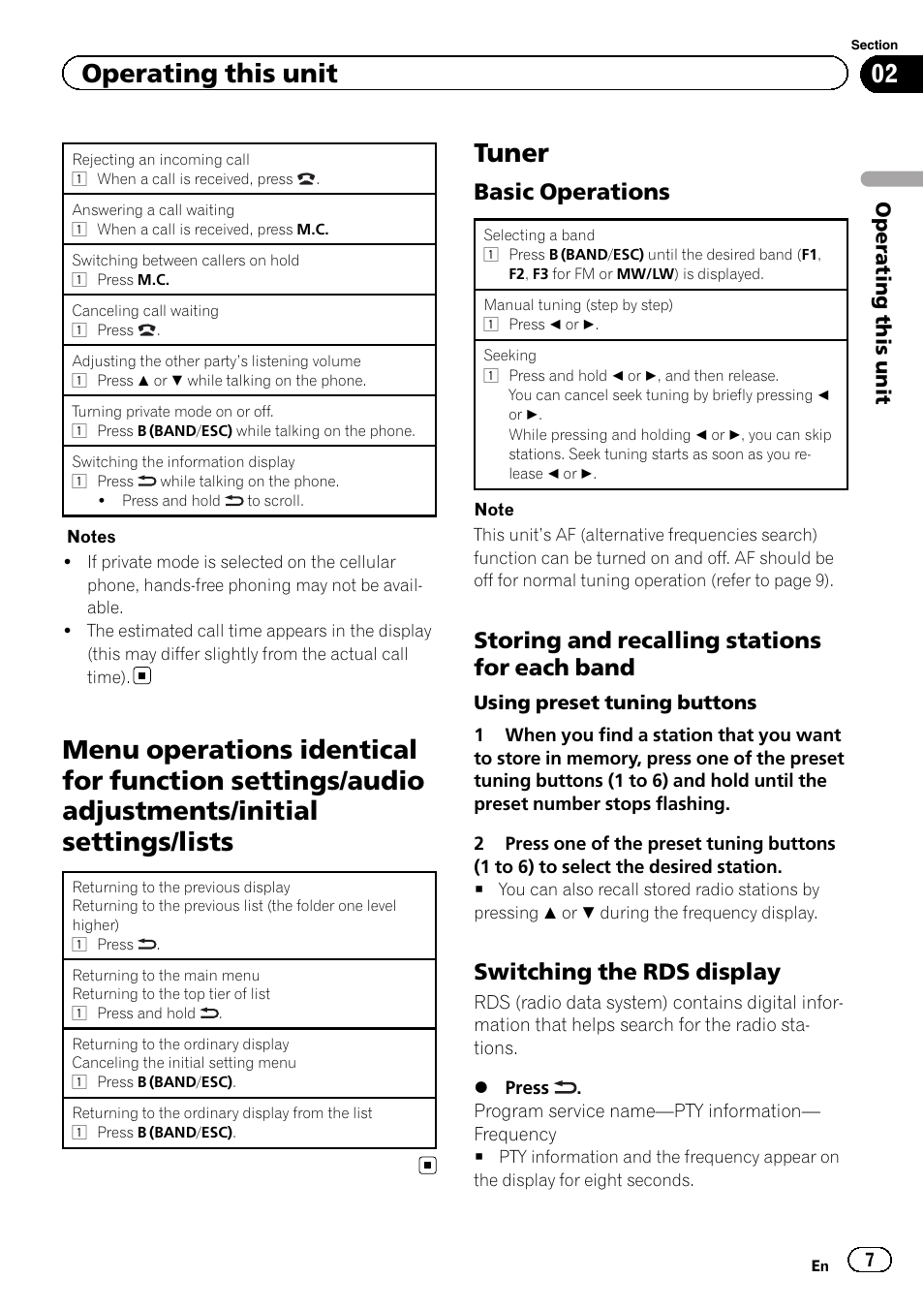 Tuner, Operating this unit, Basic operations | Storing and recalling stations for each band, Switching the rds display | Pioneer DEH-7300BT User Manual | Page 7 / 28