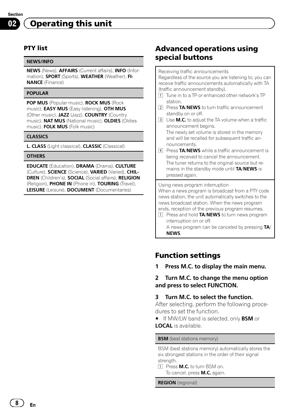 02 operating this unit, Advanced operations using special buttons, Function settings | Pty list | Pioneer DEH-7300BT User Manual | Page 8 / 28