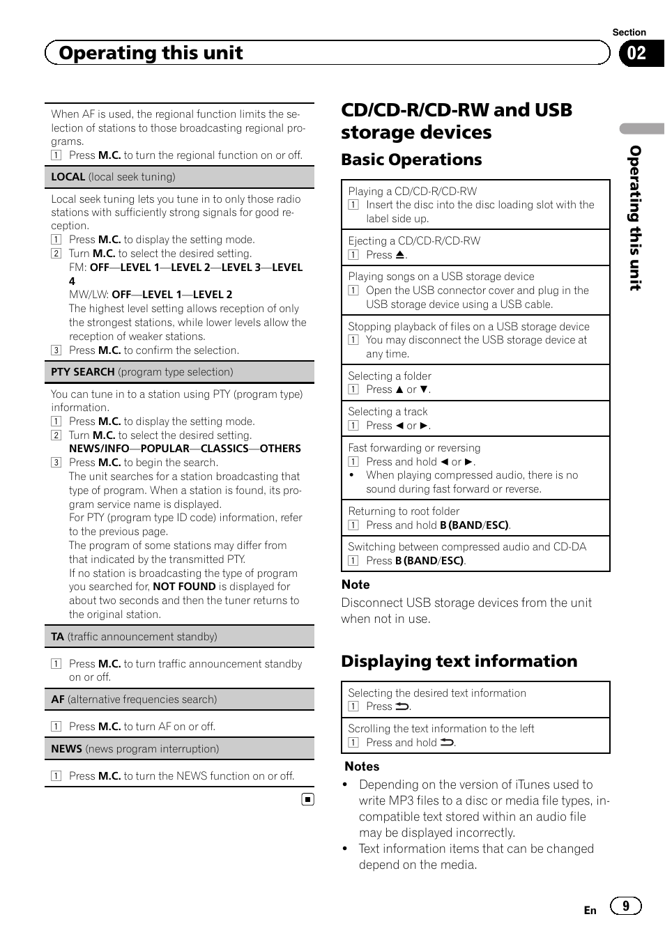 Cd/cd-r/cd-rw and usb storage devices, Basic operations, Displaying text information | Operating this unit | Pioneer DEH-7300BT User Manual | Page 9 / 28