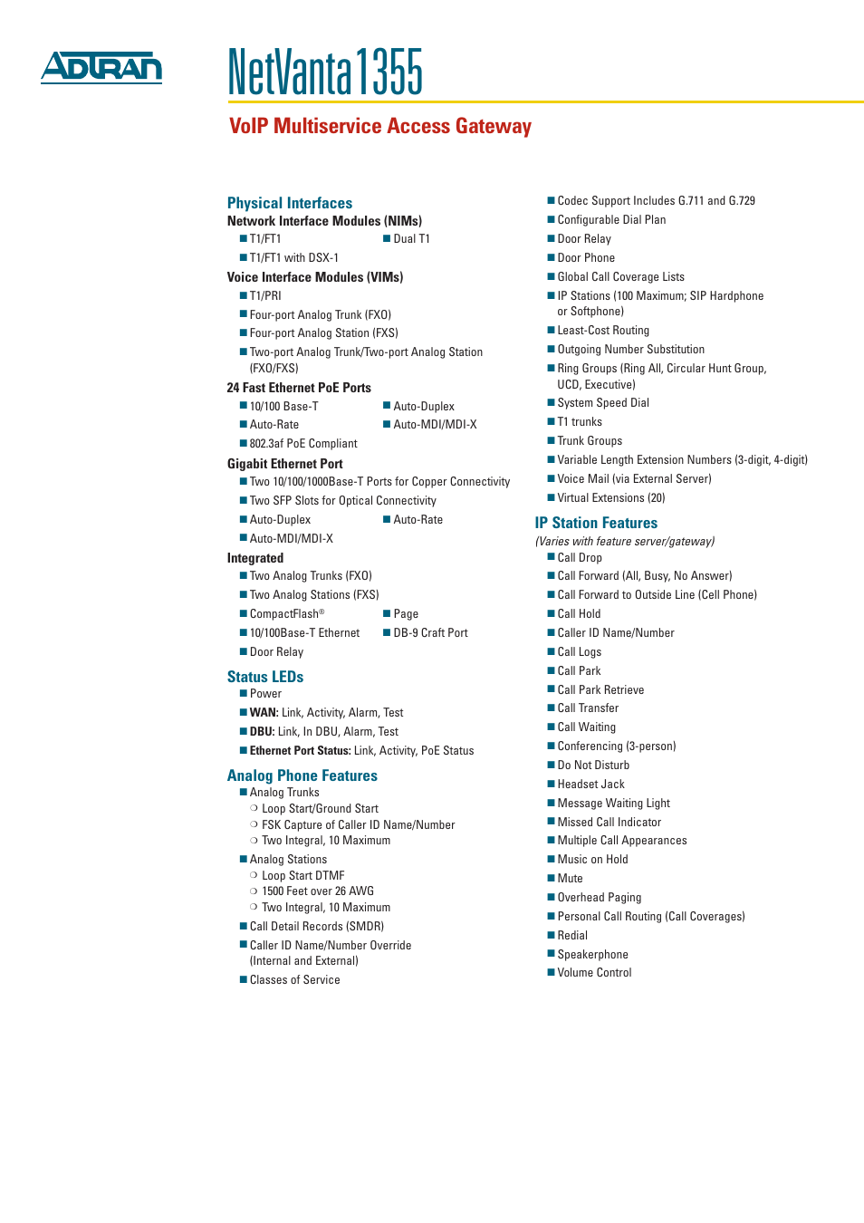 Netvanta 1355, Voip multiservice access gateway, Physical interfaces | Status leds, Analog phone features, Ip station features | ADTRAN NetVanta 1355 User Manual | Page 2 / 4