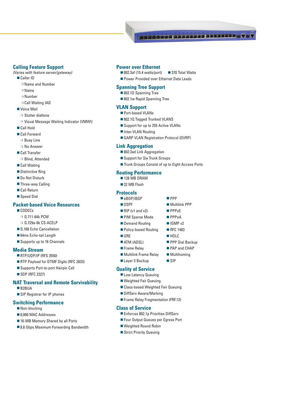 Calling feature support, Packet-based voice resources, Media stream | Nat traversal and remote survivability, Switching performance, Power over ethernet, Spanning tree support, Vlan support, Link aggregation, Routing performance | ADTRAN NetVanta 1355 User Manual | Page 3 / 4