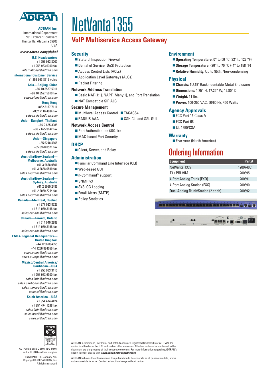 Netvanta 1355, Ordering information, Voip multiservice access gateway | Security, Dhcp, Administration, Environment, Physical, Agency approvals, Warranty | ADTRAN NetVanta 1355 User Manual | Page 4 / 4