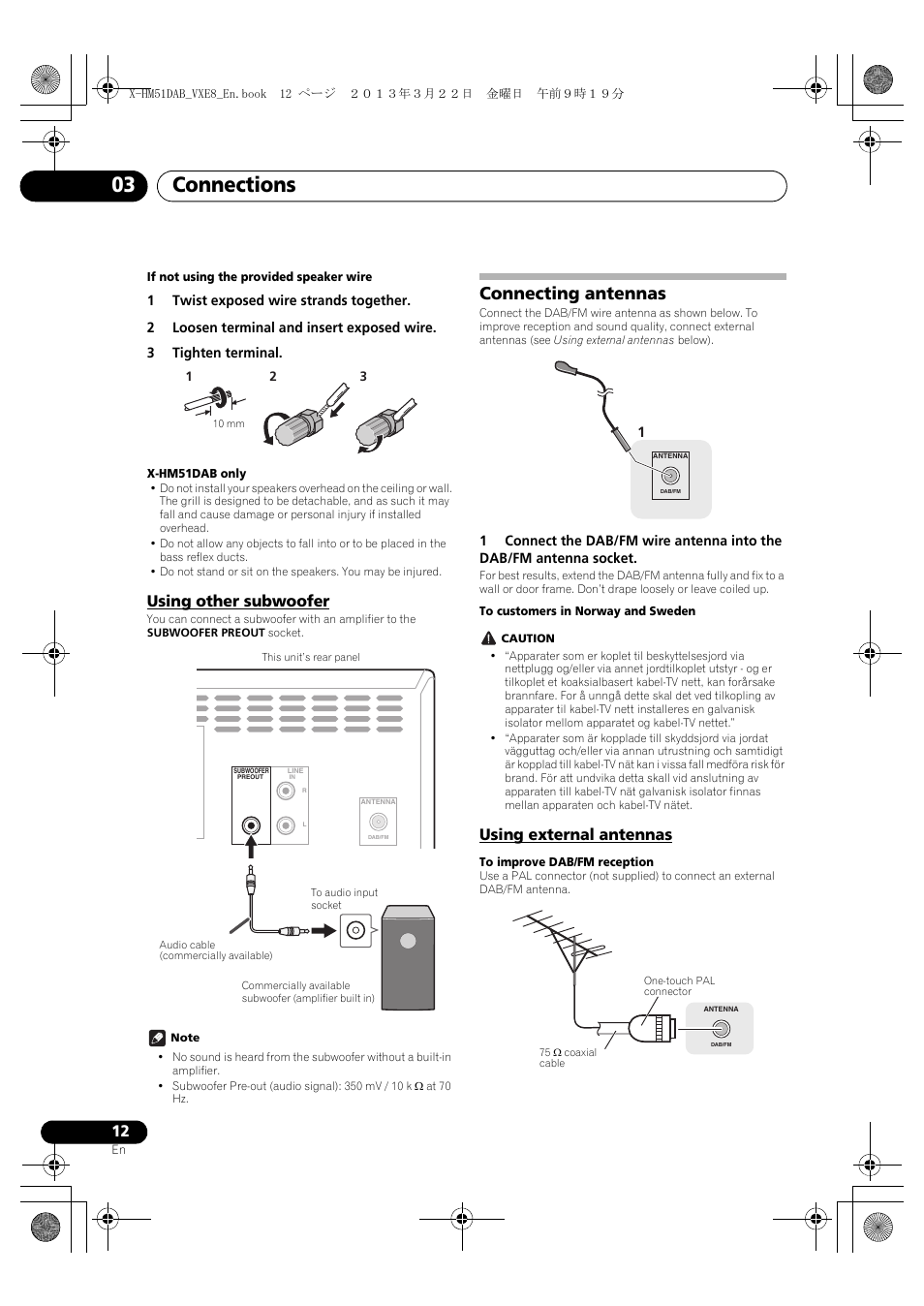 Using other subwoofer, Connecting antennas, Using external antennas | Connections 03 | Pioneer X-HM51DAB-K User Manual | Page 12 / 44