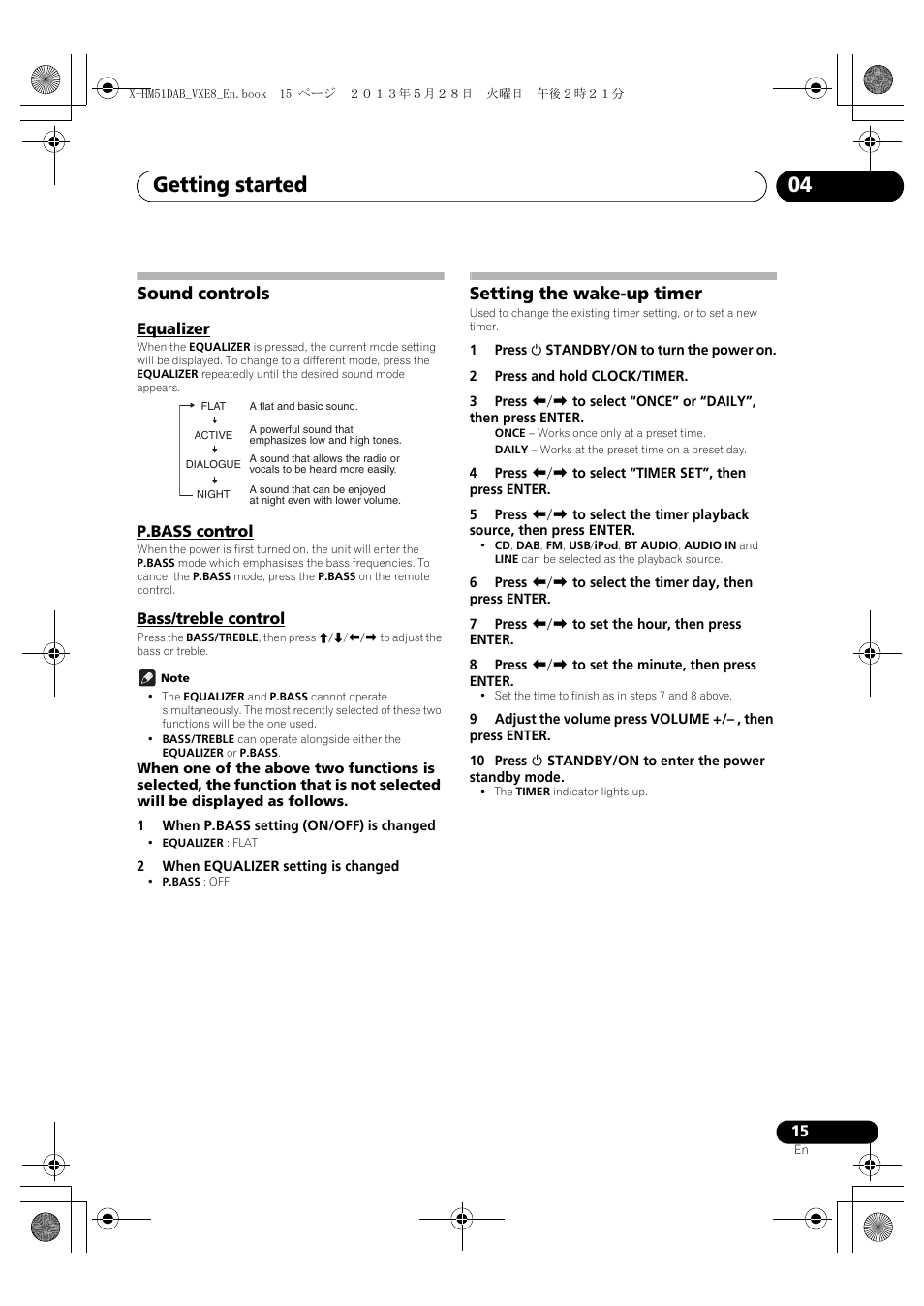 Sound controls, Equalizer, P.bass control | Bass/treble control, Setting the wake-up timer, Getting started 04 | Pioneer X-HM51DAB-K User Manual | Page 15 / 44