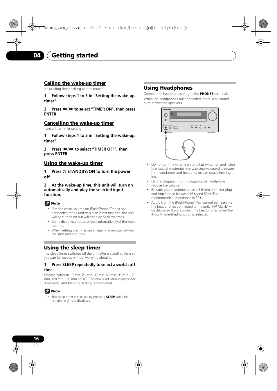 Calling the wake-up timer, Cancelling the wake-up timer, Using the wake-up timer | Using the sleep timer, Using headphones, Getting started 04 | Pioneer X-HM51DAB-K User Manual | Page 16 / 44