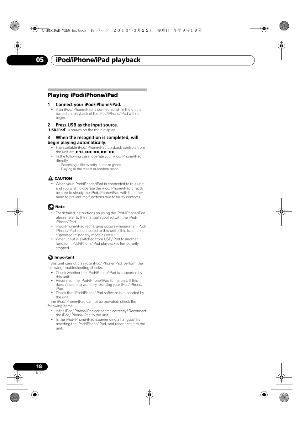 Playing ipod/iphone/ipad, Ipod/iphone/ipad playback 05 | Pioneer X-HM51DAB-K User Manual | Page 18 / 44