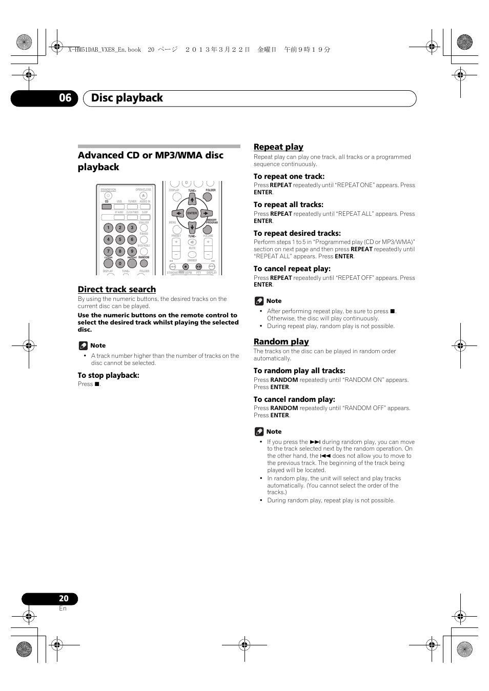 Advanced cd or mp3/wma disc playback, Direct track search, Repeat play | Random play, Disc playback 06 | Pioneer X-HM51DAB-K User Manual | Page 20 / 44