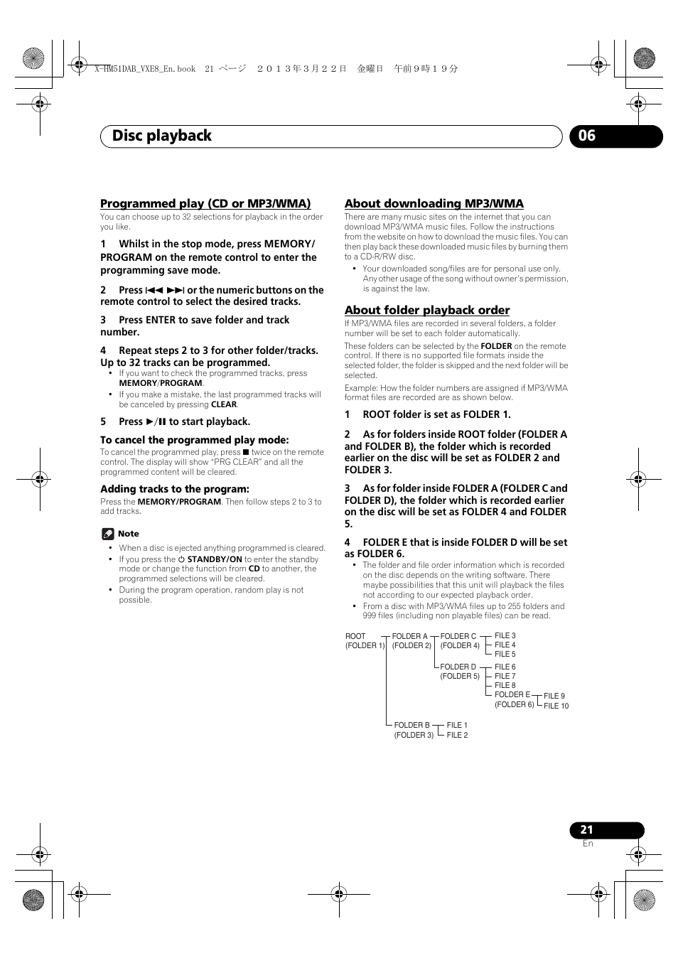 Programmed play (cd or mp3/wma), About downloading mp3/wma, About folder playback order | Disc playback 06 | Pioneer X-HM51DAB-K User Manual | Page 21 / 44