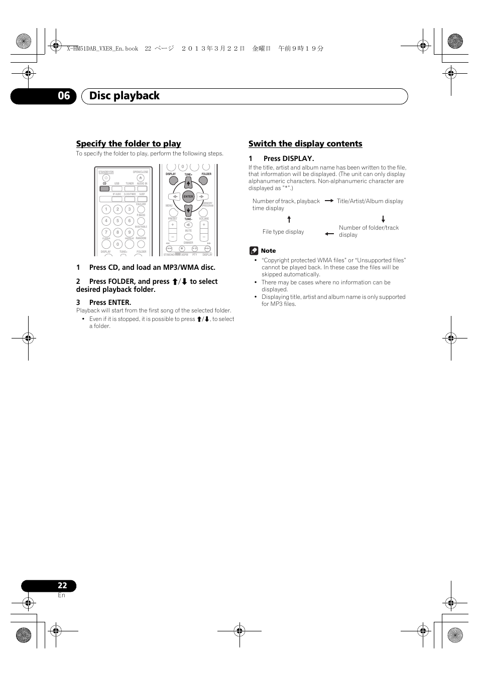 Specify the folder to play, Switch the display contents, Disc playback 06 | 1press display | Pioneer X-HM51DAB-K User Manual | Page 22 / 44