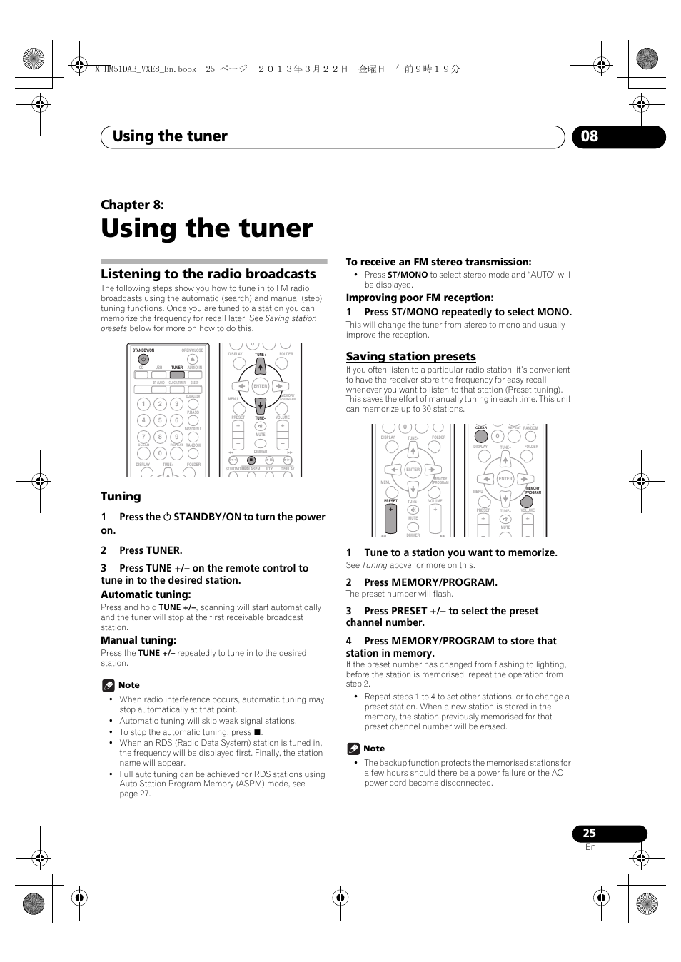 08 using the tuner, Listening to the radio broadcasts, Tuning | Saving station presets, Using the tuner, Using the tuner 08, Chapter 8, Manual tuning | Pioneer X-HM51DAB-K User Manual | Page 25 / 44