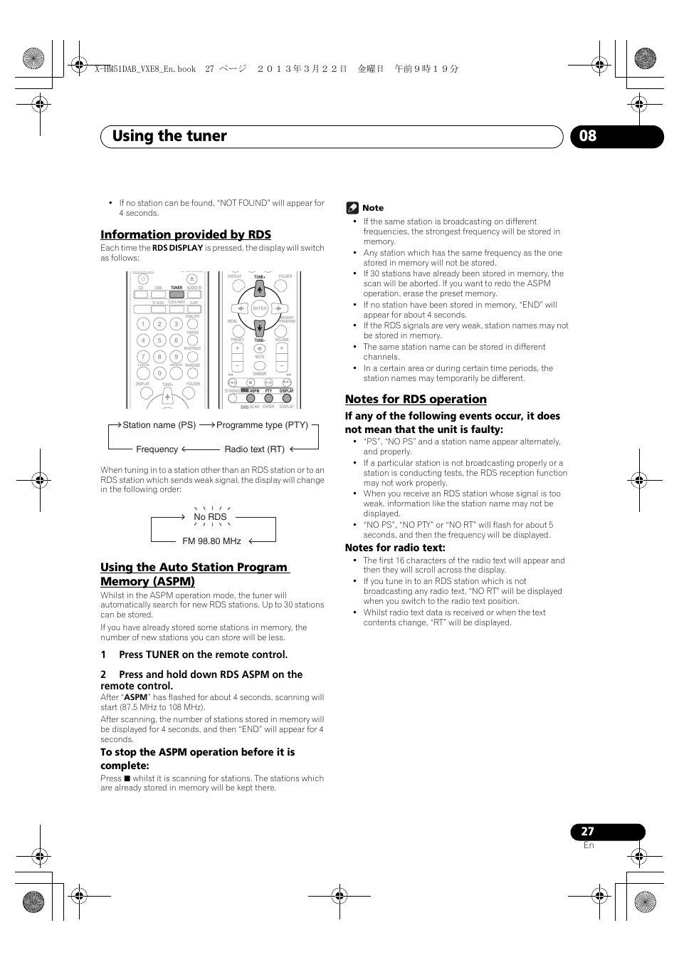 Information provided by rds, Using the auto station program memory (aspm), Notes for rds operation | Using the tuner 08 | Pioneer X-HM51DAB-K User Manual | Page 27 / 44