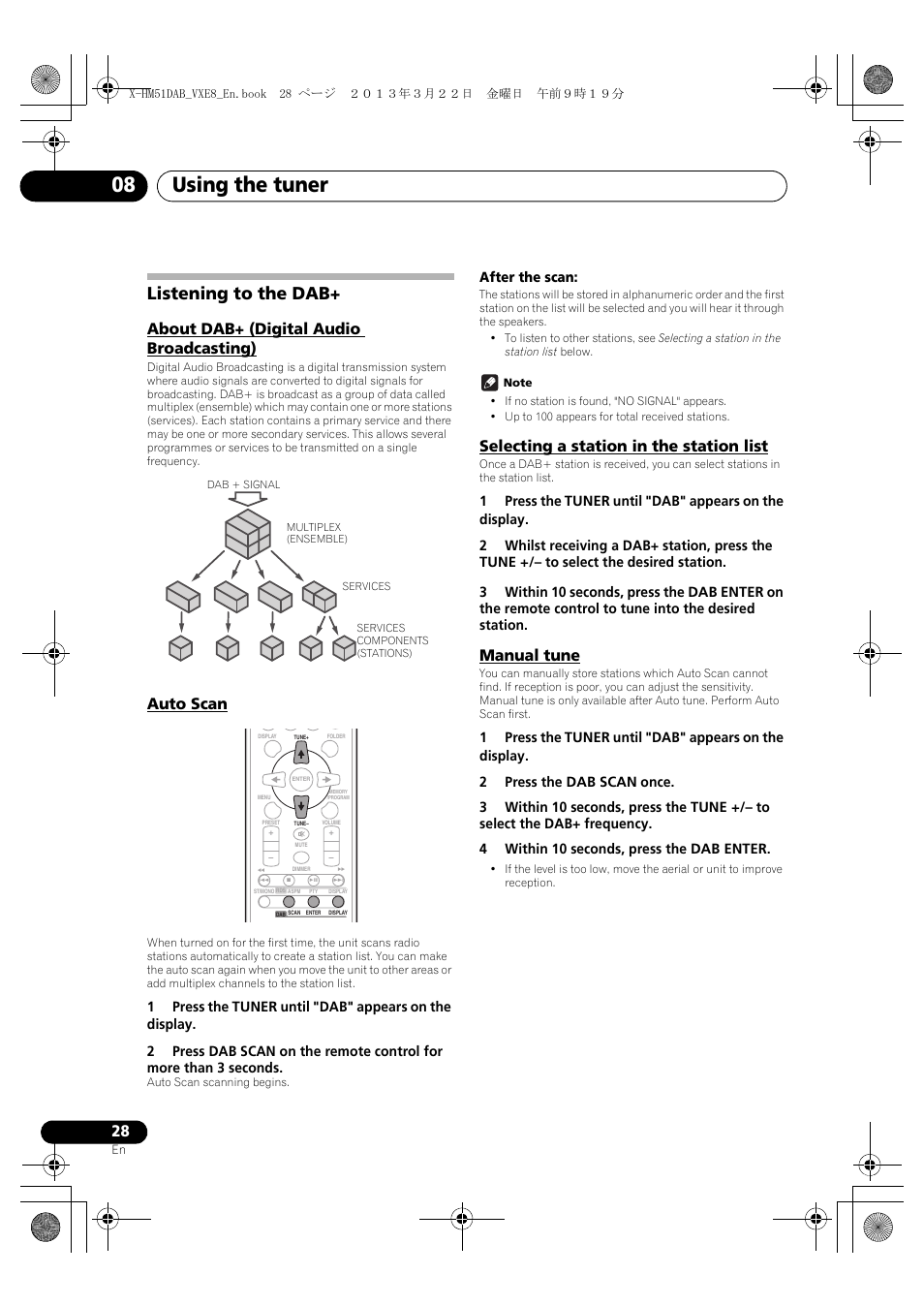 Listening to the dab, About dab+ (digital audio broadcasting), Auto scan | Selecting a station in the station list, Manual tune, Using the tuner 08 | Pioneer X-HM51DAB-K User Manual | Page 28 / 44