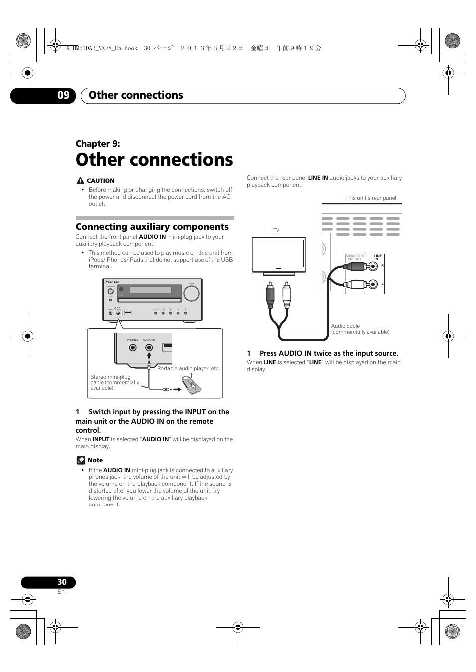 09 other connections, Connecting auxiliary components, Other connections | Other connections 09, Chapter 9, 1press audio in twice as the input source | Pioneer X-HM51DAB-K User Manual | Page 30 / 44