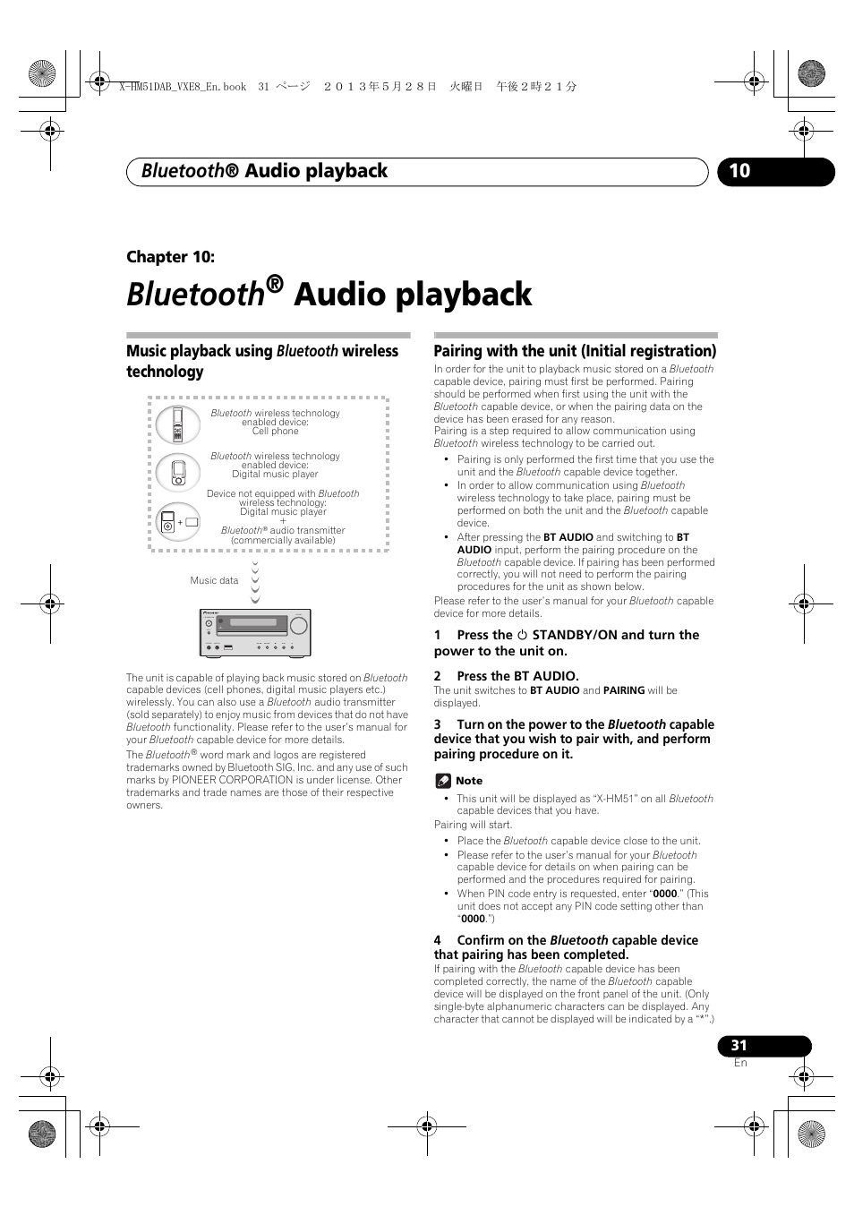 10 bluetooth ® audio playback, Music playback using bluetooth wireless, Technology | Pairing with the unit (initial registration), Bluetooth, Audio playback, Bluetooth ® audio playback, Chapter 10, Music playback using bluetooth wireless technology | Pioneer X-HM51DAB-K User Manual | Page 31 / 44