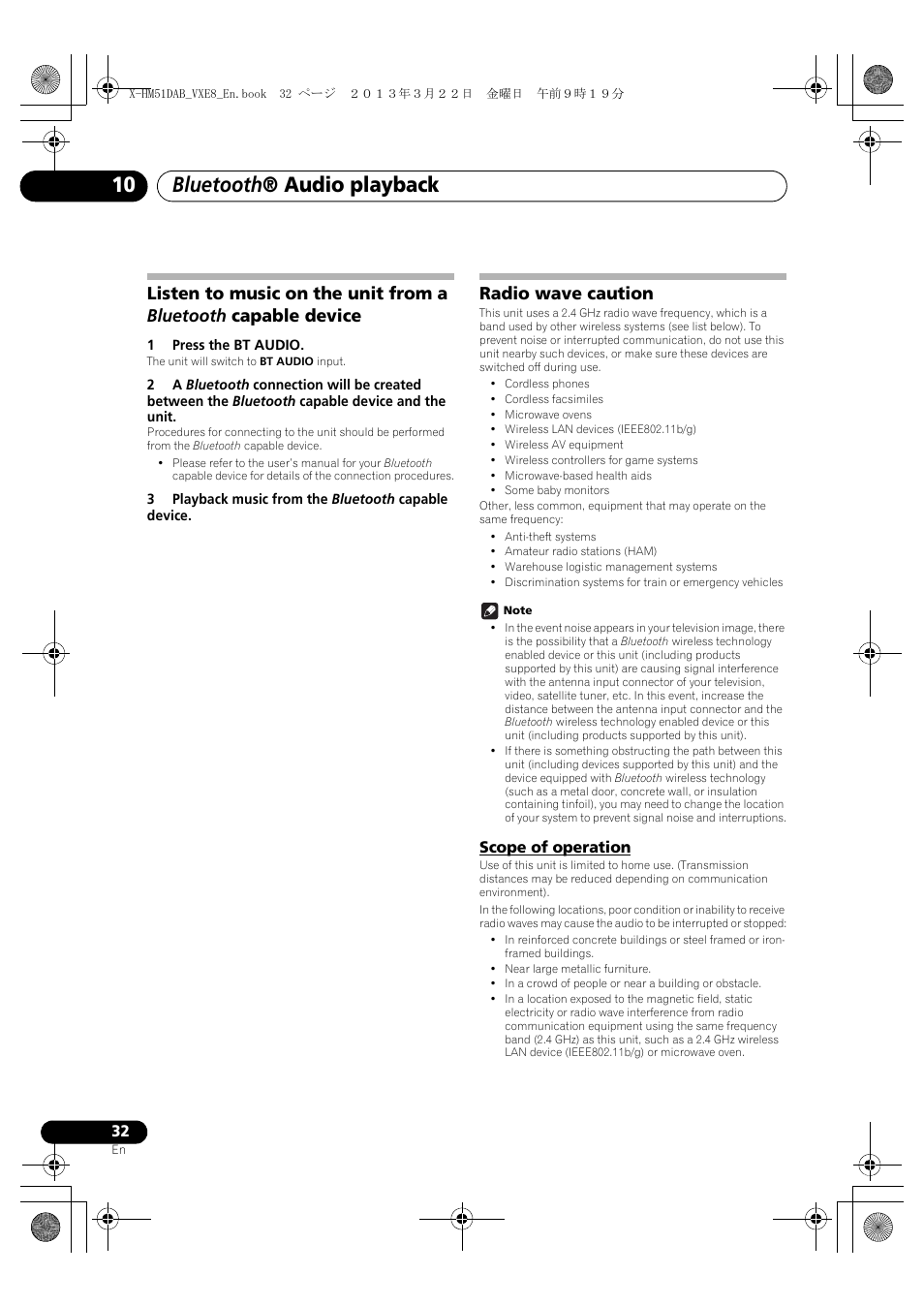 Device, Radio wave caution, Scope of operation | Bluetooth ® audio playback | Pioneer X-HM51DAB-K User Manual | Page 32 / 44