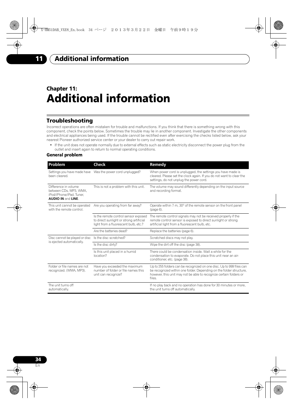 11 additional information, Troubleshooting, Additional information | Additional information 11, Chapter 11 | Pioneer X-HM51DAB-K User Manual | Page 34 / 44