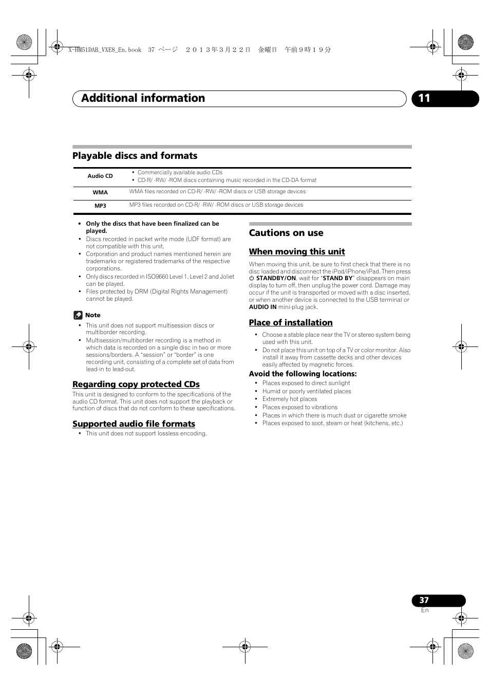 Playable discs and formats, Regarding copy protected cds, Supported audio file formats | Cautions on use, When moving this unit, Place of installation, Additional information 11 | Pioneer X-HM51DAB-K User Manual | Page 37 / 44