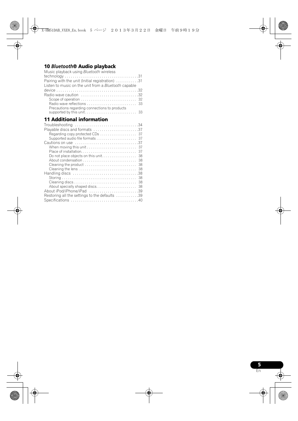 10 bluetooth ® audio playback, 11 additional information | Pioneer X-HM51DAB-K User Manual | Page 5 / 44