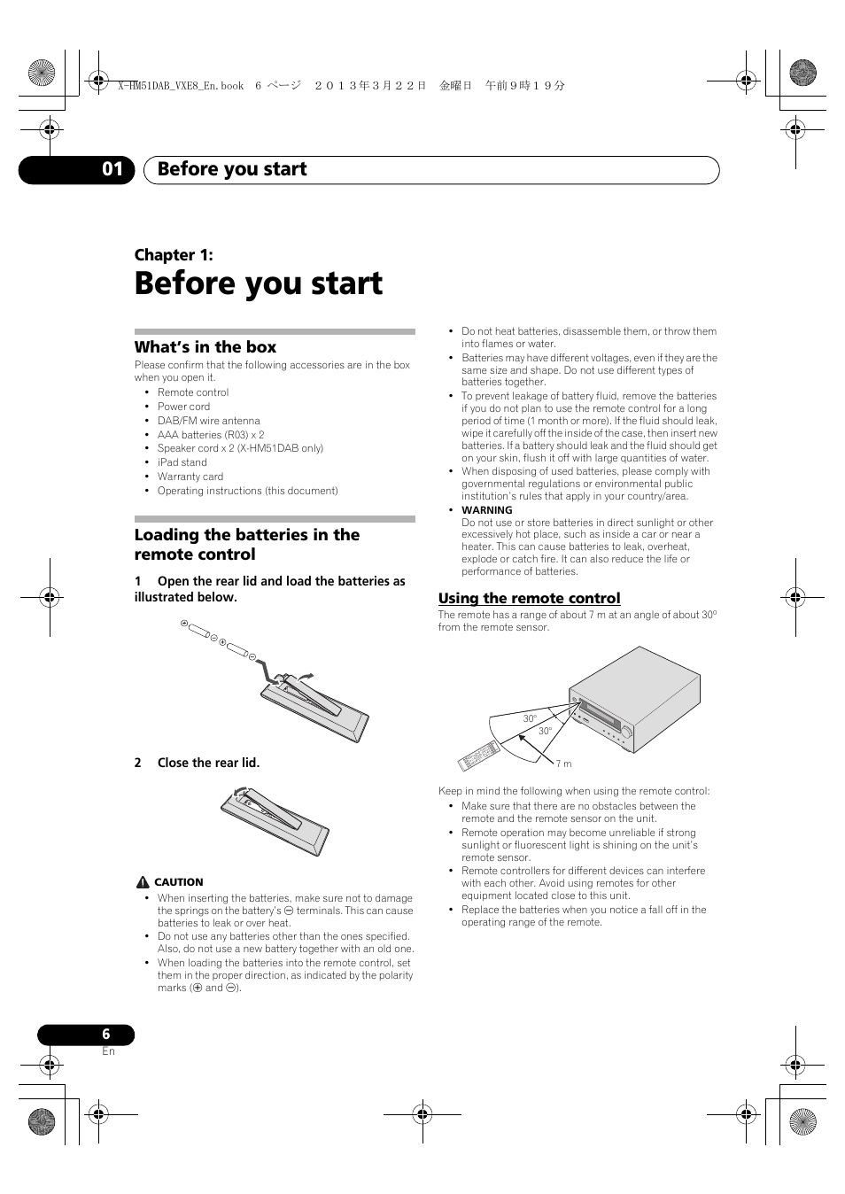 01 before you start, What’s in the box, Loading the batteries in the remote control | Using the remote control, Before you start, Before you start 01, Chapter 1 | Pioneer X-HM51DAB-K User Manual | Page 6 / 44