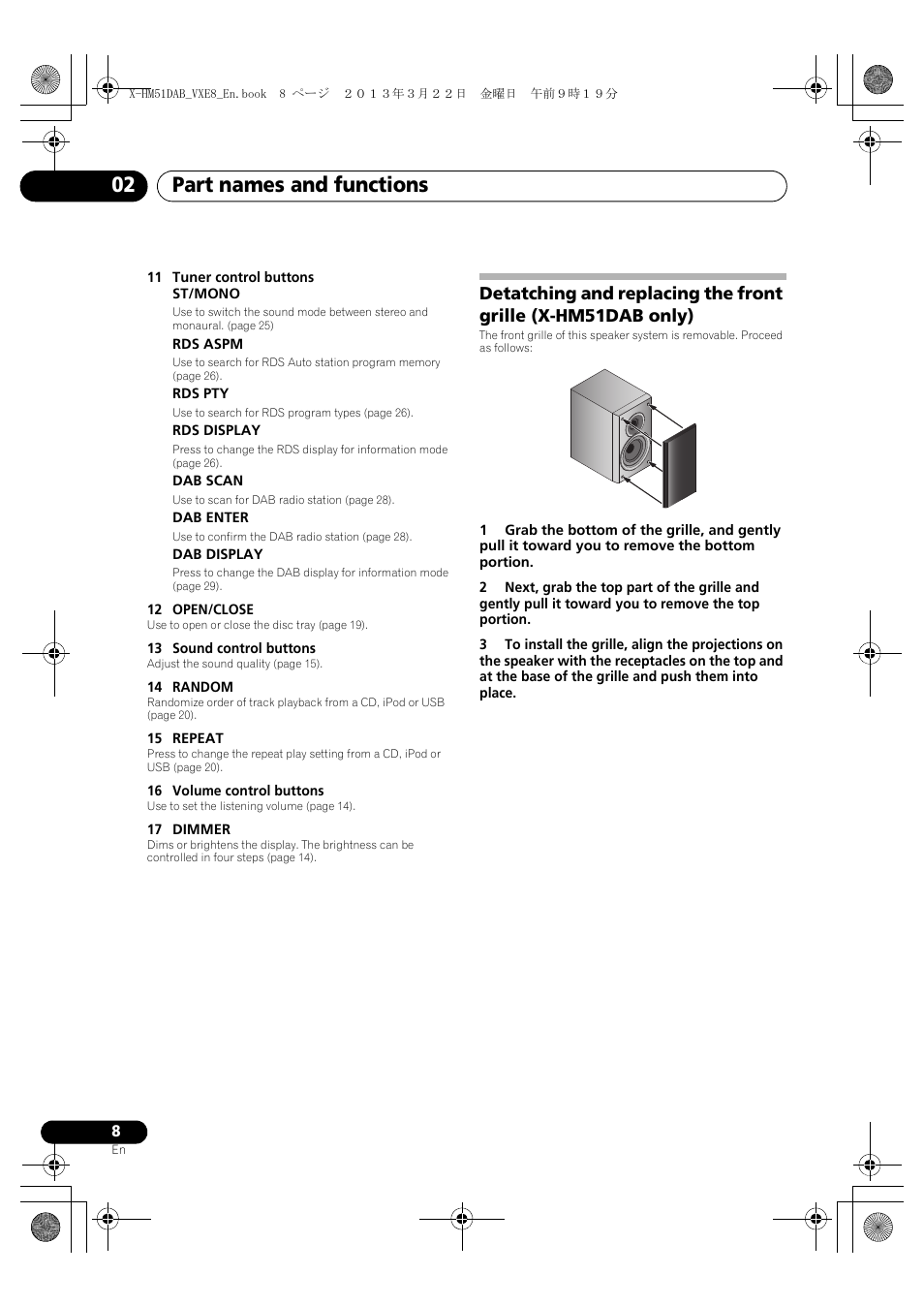 Detatching and replacing the front grille, X-hm51dab only), Part names and functions 02 | Pioneer X-HM51DAB-K User Manual | Page 8 / 44
