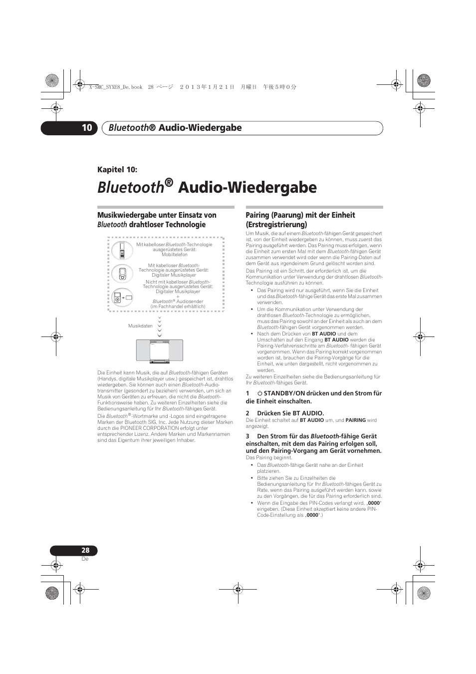 10 bluetooth, Audio-wiedergabe, Musikwiedergabe unter einsatz von bluetooth | Drahtloser technologie, Pairing (paarung) mit der einheit, Erstregistrierung), Bluetooth, Bluetooth ® audio-wiedergabe, Kapitel 10 | Pioneer X-SMC00 User Manual | Page 100 / 256