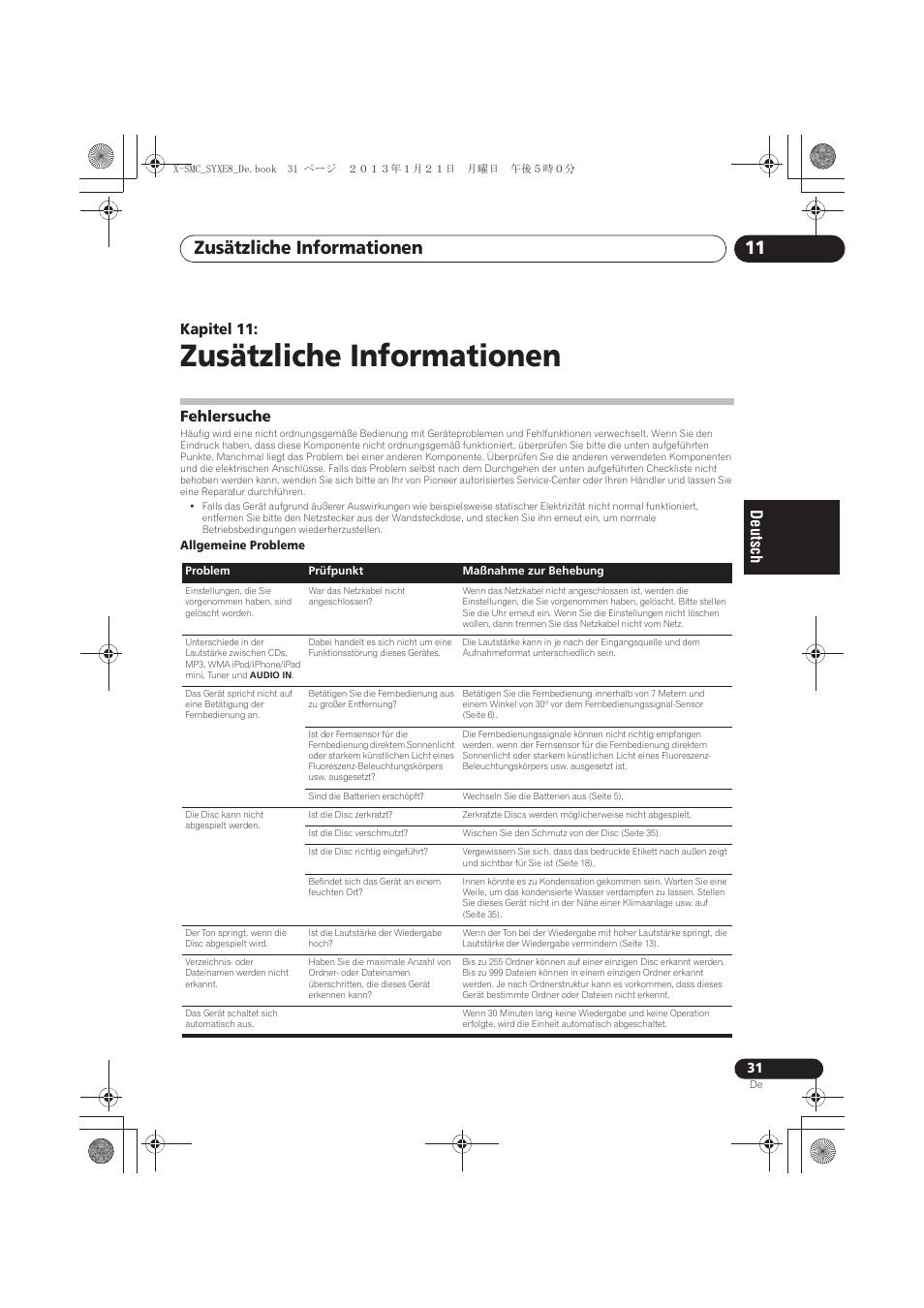 11 zusätzliche informationen, Fehlersuche, Zusätzliche informationen | Zusätzliche informationen 11, Kapitel 11 | Pioneer X-SMC00 User Manual | Page 103 / 256