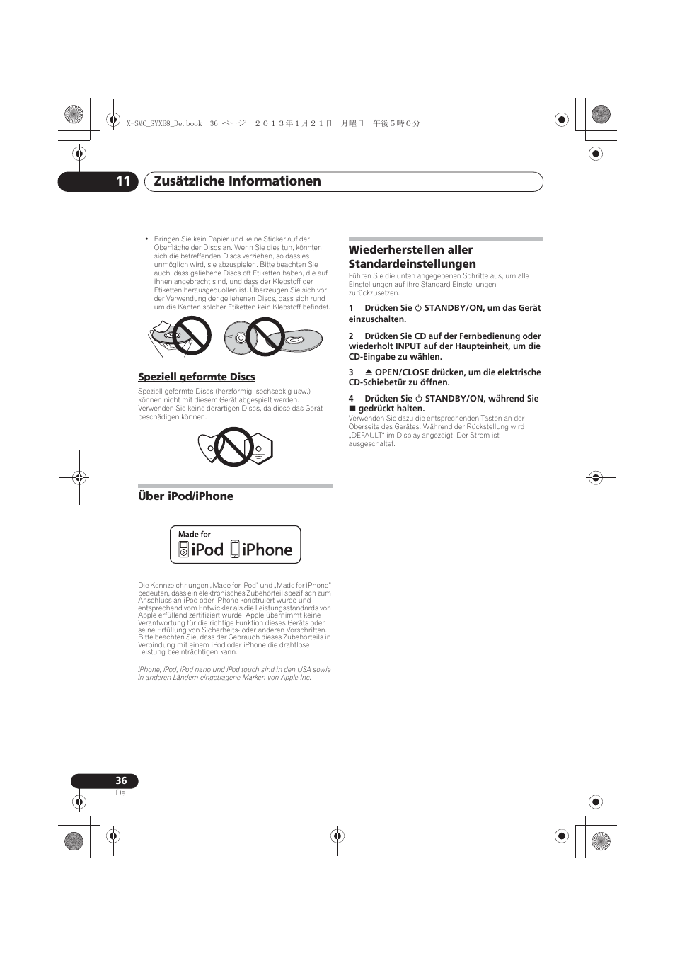 Speziell geformte discs, Über ipod/iphone, Wiederherstellen aller standardeinstellungen | Zusätzliche informationen 11 | Pioneer X-SMC00 User Manual | Page 108 / 256