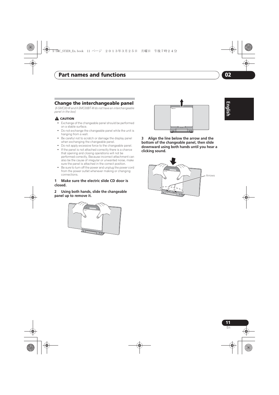 Change the interchangeable panel, Part names and functions 02, English français español | Pioneer X-SMC00 User Manual | Page 11 / 256