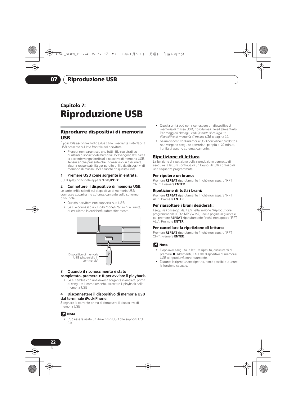 07 riproduzione usb, Riprodurre dispositivi di memoria usb, Ripetizione di lettura | Riproduzione usb, Riproduzione usb 07, Capitolo 7 | Pioneer X-SMC00 User Manual | Page 130 / 256