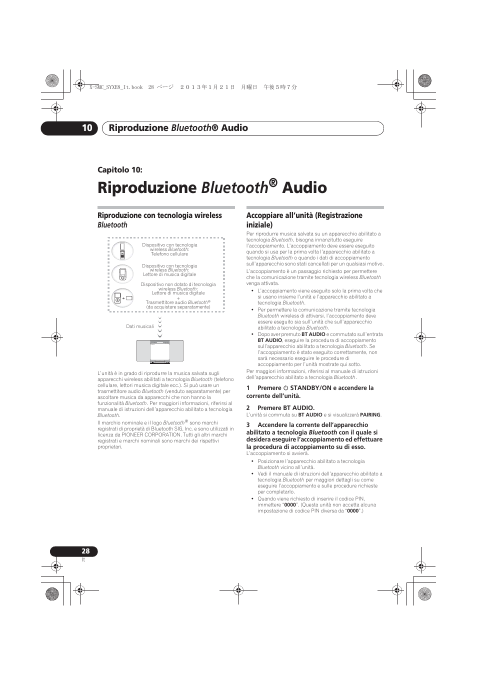10 riproduzione bluetooth, Audio, Riproduzione con tecnologia wireless bluetooth | Accoppiare all’unità (registrazione iniziale), Riproduzione bluetooth, Riproduzione bluetooth ® audio, Capitolo 10 | Pioneer X-SMC00 User Manual | Page 136 / 256