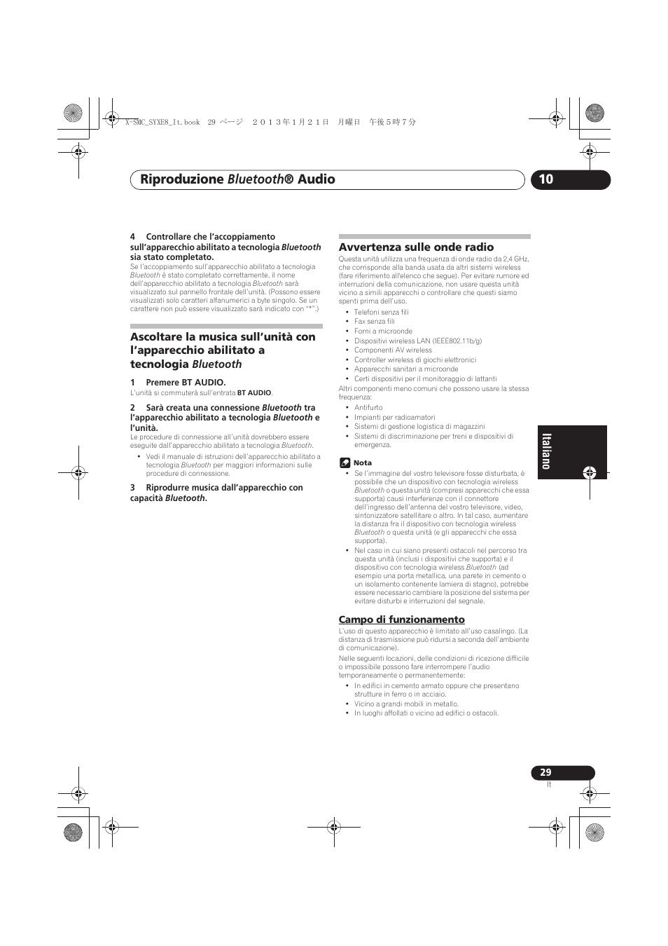 Ascoltare la musica sull’unità con l’apparecchio, Abilitato a tecnologia bluetooth, Avvertenza sulle onde radio | Campo di funzionamento, Riproduzione bluetooth ® audio | Pioneer X-SMC00 User Manual | Page 137 / 256