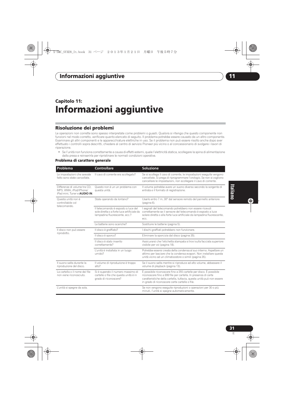 11 informazioni aggiuntive, Risoluzione dei problemi, Informazioni aggiuntive | Informazioni aggiuntive 11, Capitolo 11 | Pioneer X-SMC00 User Manual | Page 139 / 256