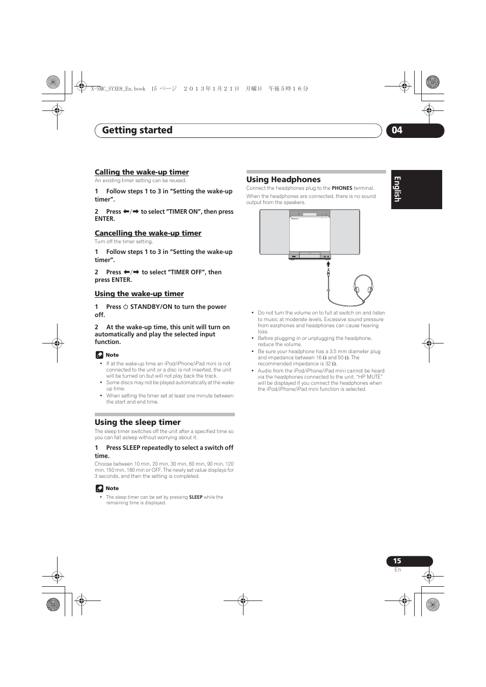 Calling the wake-up timer, Cancelling the wake-up timer, Using the wake-up timer | Using the sleep timer, Using headphones, Getting started 04, English français español | Pioneer X-SMC00 User Manual | Page 15 / 256