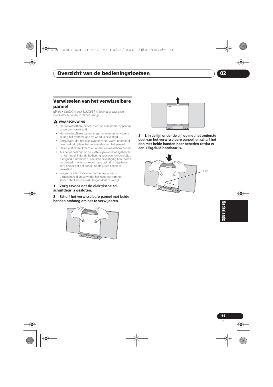 Verwisselen van het verwisselbare paneel, Overzicht van de bedieningstoetsen 02 | Pioneer X-SMC00 User Manual | Page 155 / 256