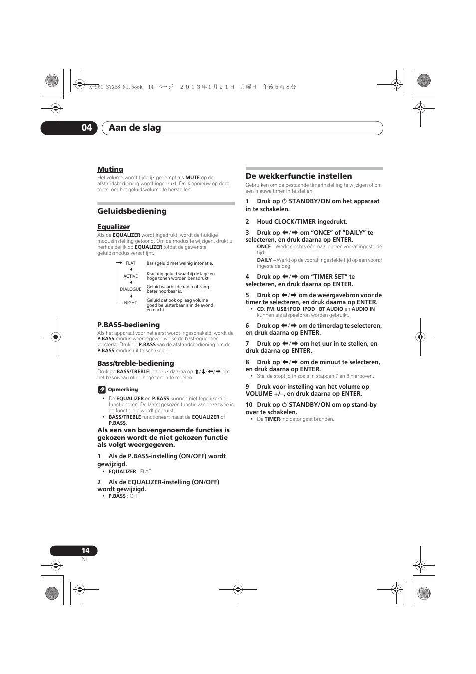 Muting, Geluidsbediening, Equalizer | P.bass-bediening, Bass/treble-bediening, De wekkerfunctie instellen, Aan de slag 04 | Pioneer X-SMC00 User Manual | Page 158 / 256