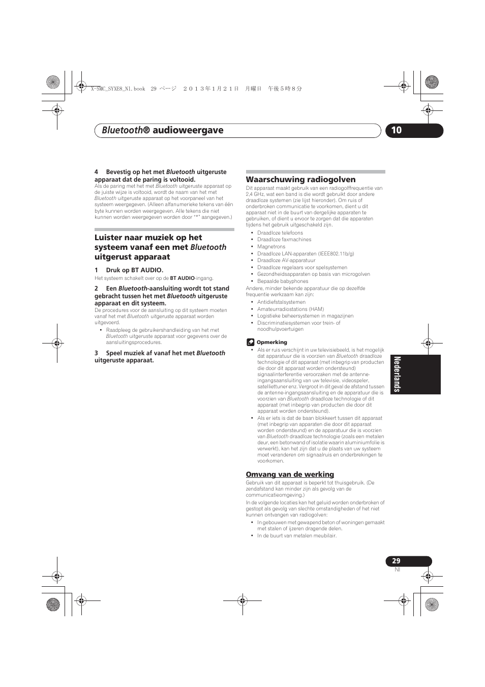 Luister naar muziek op het systeem vanaf een met, Bluetooth uitgerust apparaat, Waarschuwing radiogolven | Omvang van de werking, Bluetooth ® audioweergave | Pioneer X-SMC00 User Manual | Page 173 / 256