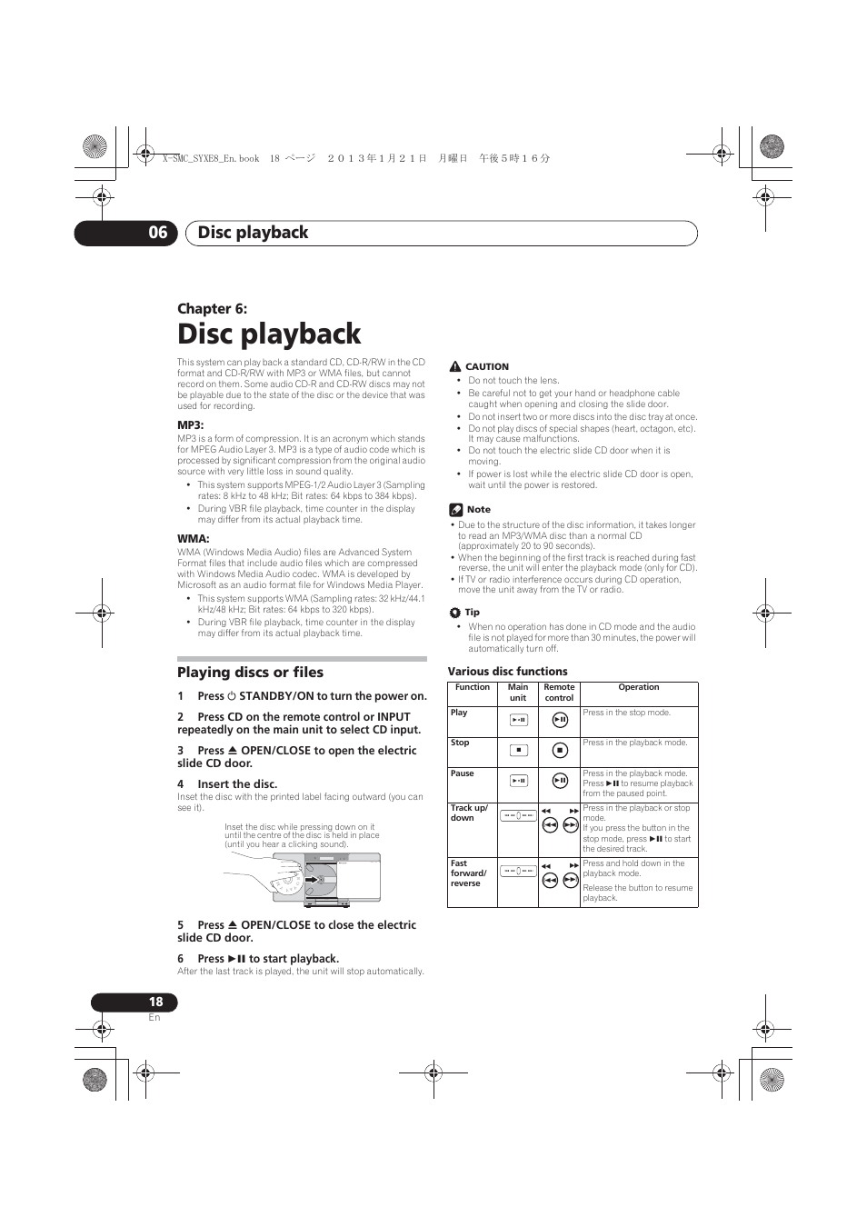 06 disc playback, Playing discs or files, Disc playback | Disc playback 06, Chapter 6, Audio in push open power on timer | Pioneer X-SMC00 User Manual | Page 18 / 256