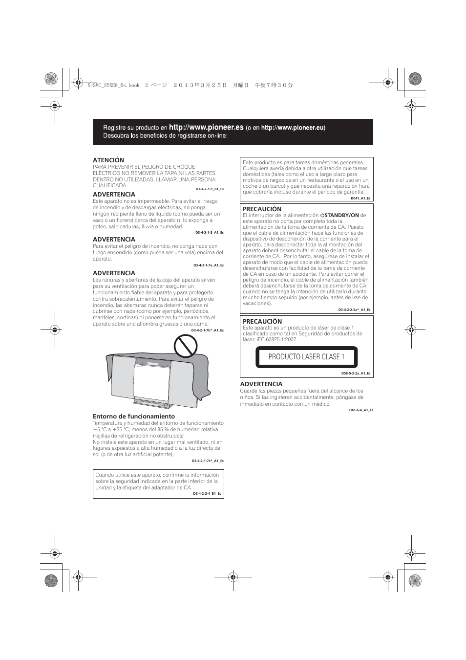 Producto laser clase 1 | Pioneer X-SMC00 User Manual | Page 182 / 256