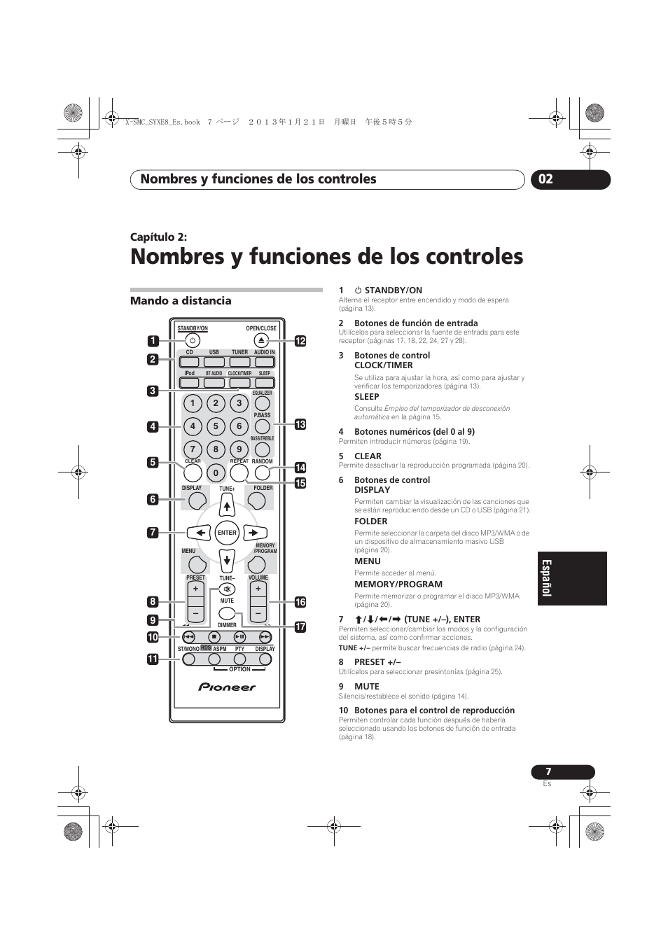 02 nombres y funciones de los controles, Mando a distancia, Nombres y funciones de los controles | Nombres y funciones de los controles 02, Capítulo 2 | Pioneer X-SMC00 User Manual | Page 187 / 256