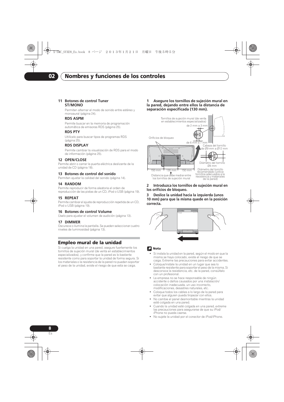 Empleo mural de la unidad, Nombres y funciones de los controles 02 | Pioneer X-SMC00 User Manual | Page 188 / 256