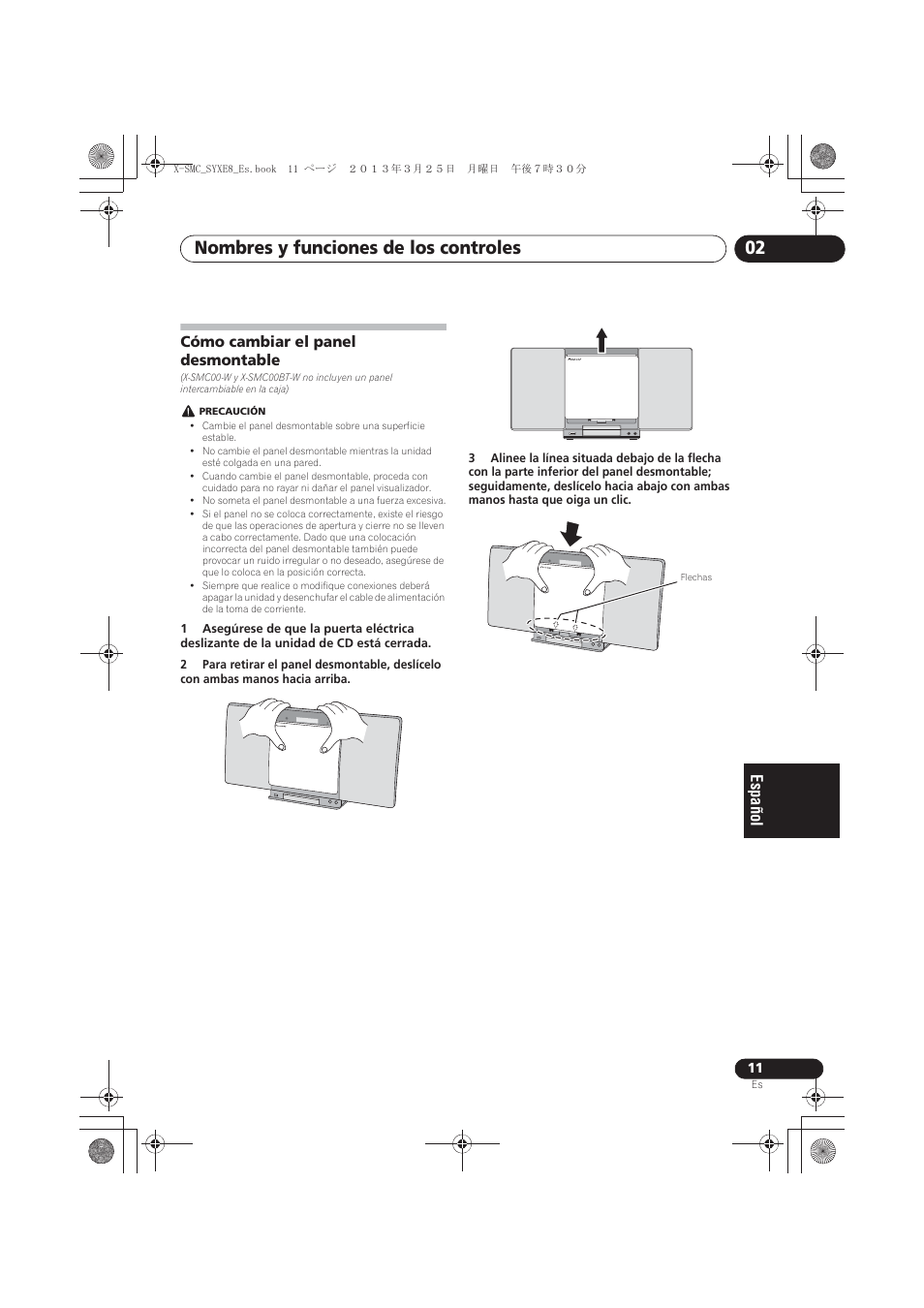 Cómo cambiar el panel desmontable, Nombres y funciones de los controles 02 | Pioneer X-SMC00 User Manual | Page 191 / 256