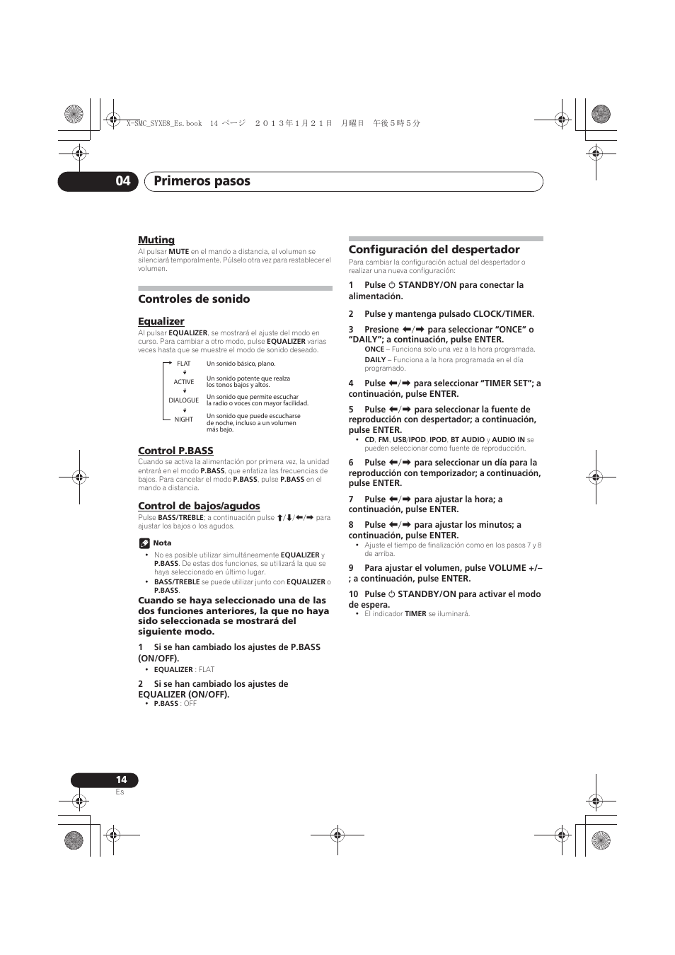 Muting, Controles de sonido, Equalizer | Control p.bass, Control de bajos/agudos, Configuración del despertador, Primeros pasos 04 | Pioneer X-SMC00 User Manual | Page 194 / 256
