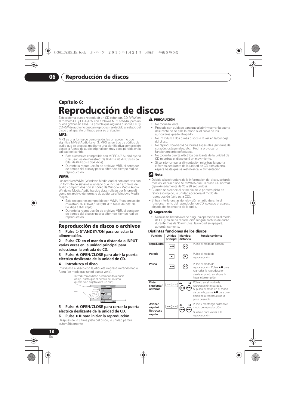06 reproducción de discos, Reproducción de discos o archivos, Reproducción de discos | Reproducción de discos 06, Capítulo 6, Audio in push open power on timer | Pioneer X-SMC00 User Manual | Page 198 / 256